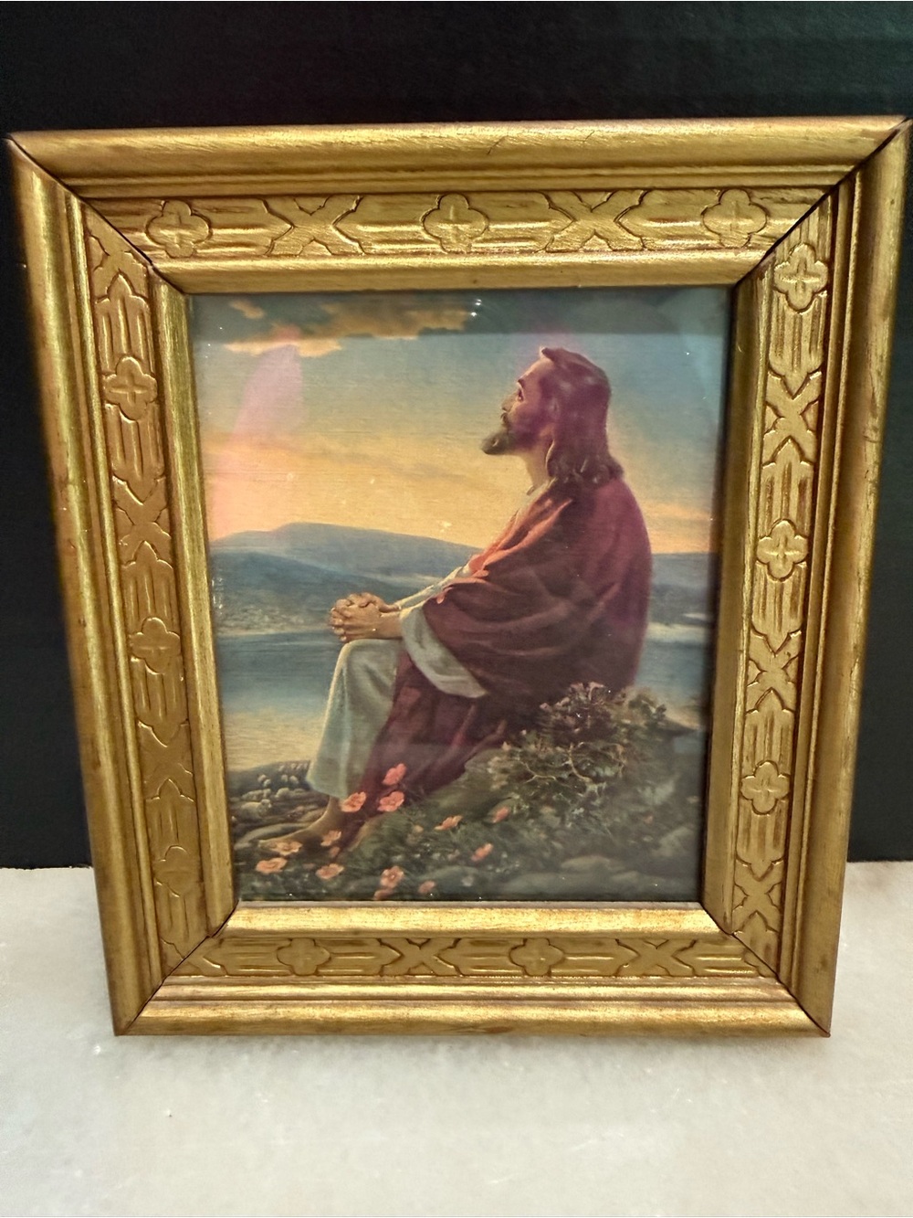Vintage 1950s Jesus Christ at Dawn Photo and Frame